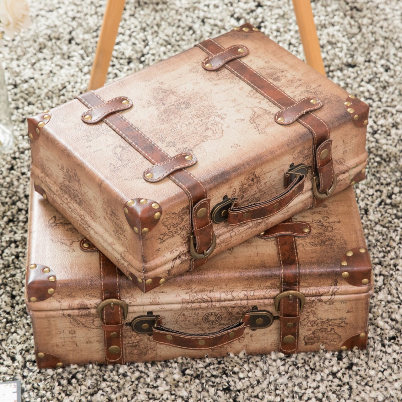 Vintiquewise Set of 2 Vintage Style World Map Leather Suitcase Trunks with Straps and Handle